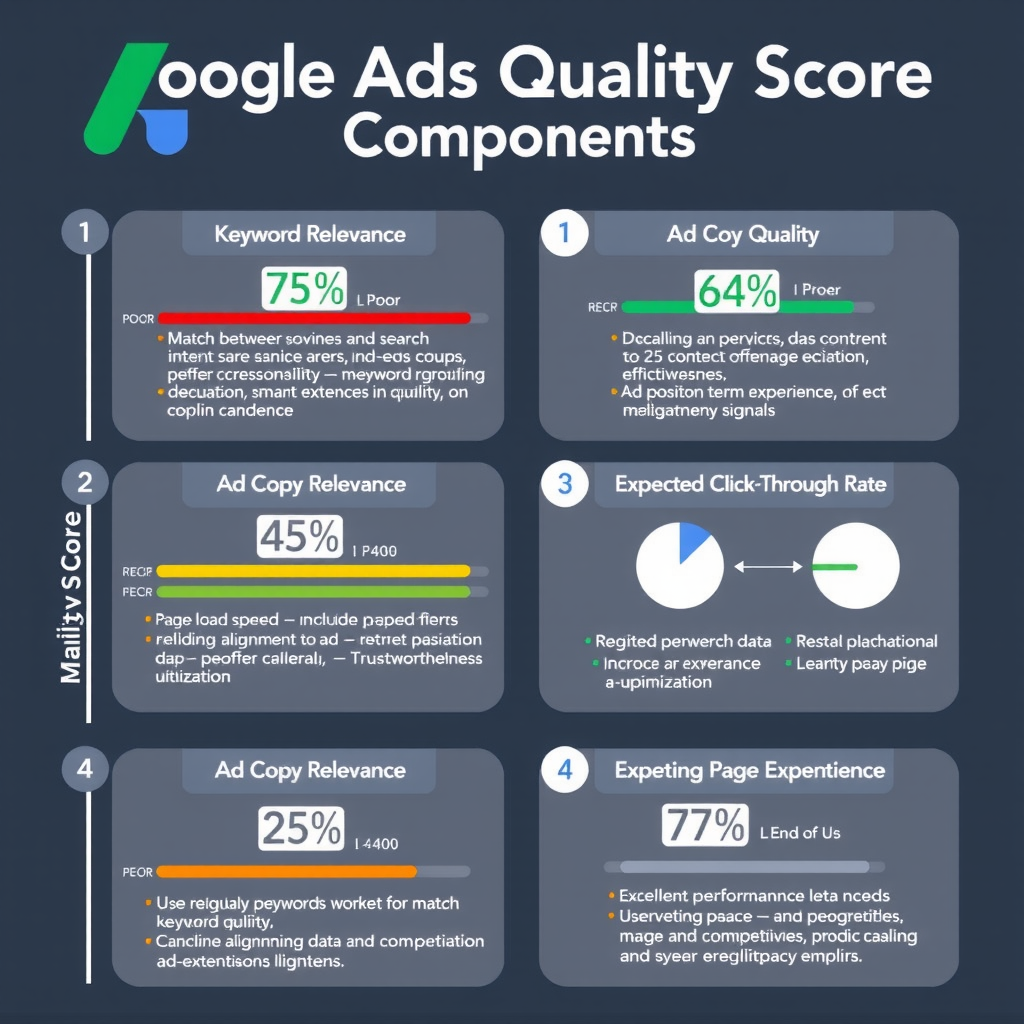 Detailed infographic showing Google Ads Quality Score components including keyword relevance, ad copy quality, landing page experience, and expected CTR with visual metrics and optimization strategies