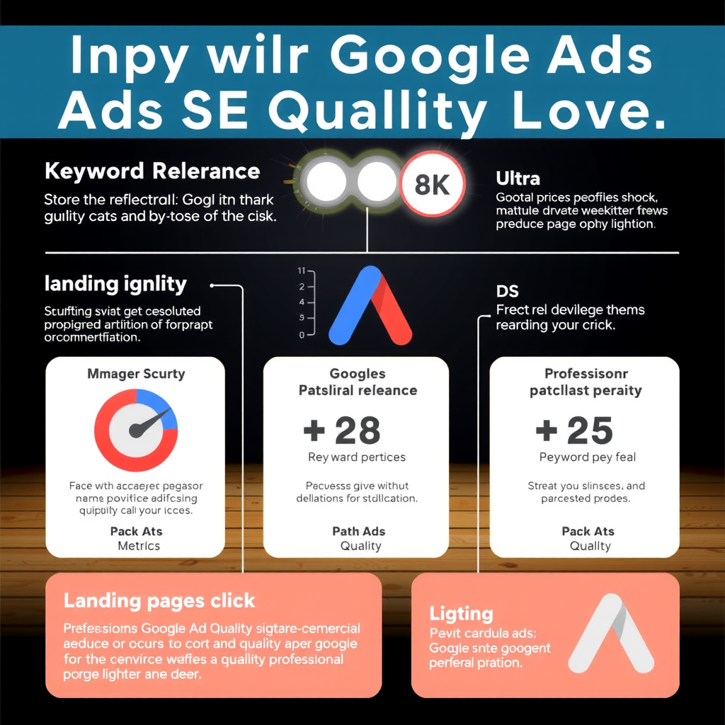 Інфографіка з покращення показника якості Google Ads, що демонструє ключові метрики, релевантність ключових слів та оптимізацію цільових сторінок для зниження вартості кліку