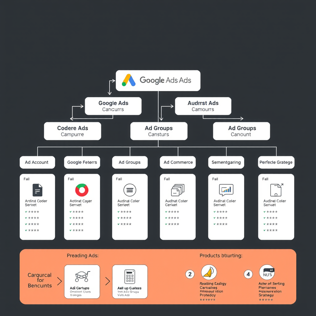 Професійна діаграма структури кампанії Google Ads, що показує ієрархію від облікового запису до груп оголошень, з візуалізацією організації продуктів електронної комерції та стратегій сегментації