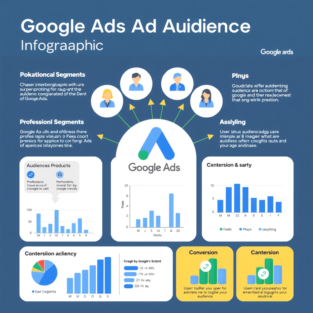 Професійна інфографіка, що демонструє різні сегменти аудиторії Google Ads з іконками користувачів, графіками та стрілками, що показують шлях до конверсії, виконана в сучасному стилі з використанням синіх, зелених та жовтих акцентів