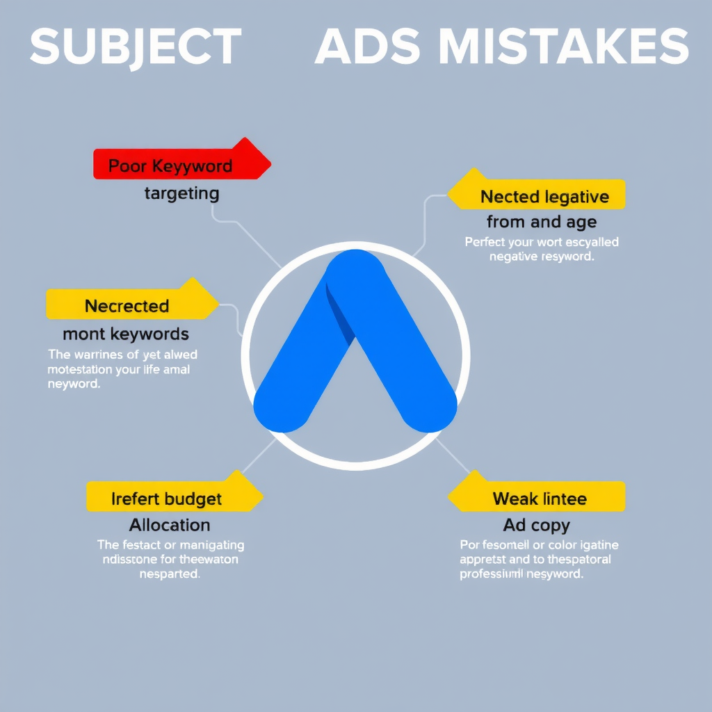 Visual representation of common Google Ads mistakes including poor keyword targeting, neglected negative keywords, improper budget allocation, and weak ad copy with warning symbols and correction indicators