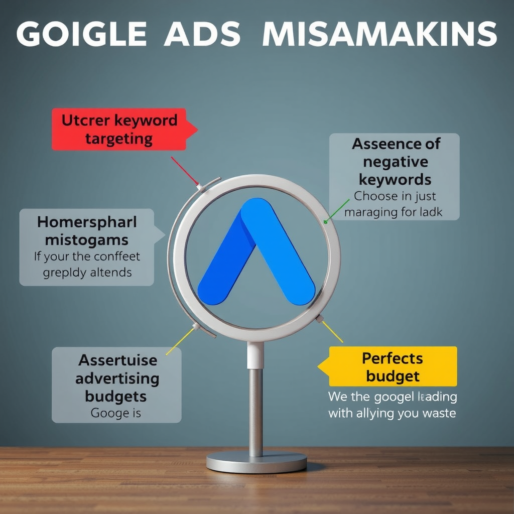 Візуалізація типових помилок у Google Ads кампаніях, включаючи неправильне таргетування ключових слів, відсутність мінус-слів та марнування рекламного бюджету з порадами щодо виправлення