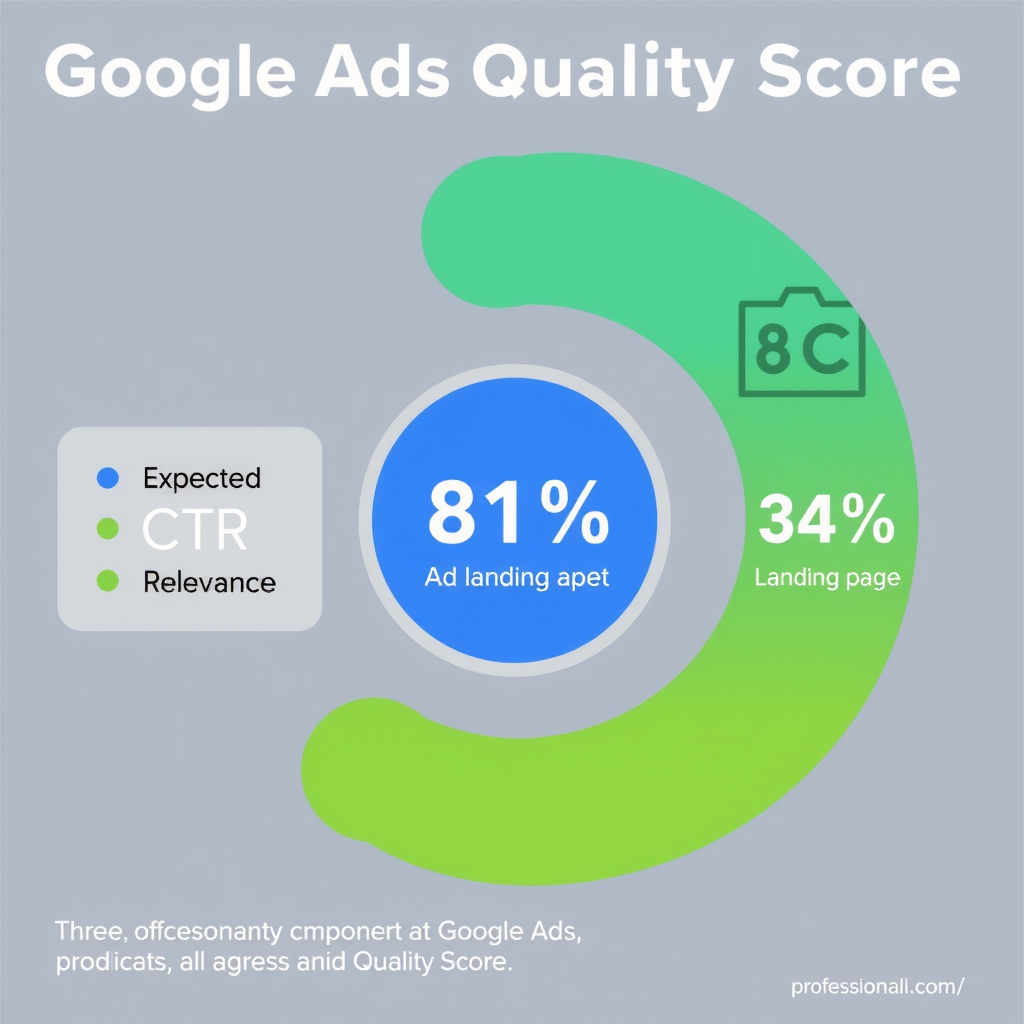 Інфографіка, що показує три компоненти показника якості Google Ads: очікуваний CTR, релевантність оголошення та якість цільової сторінки, з відсотковим впливом кожного компонента, професійний дизайн з синіми та зеленими елементами