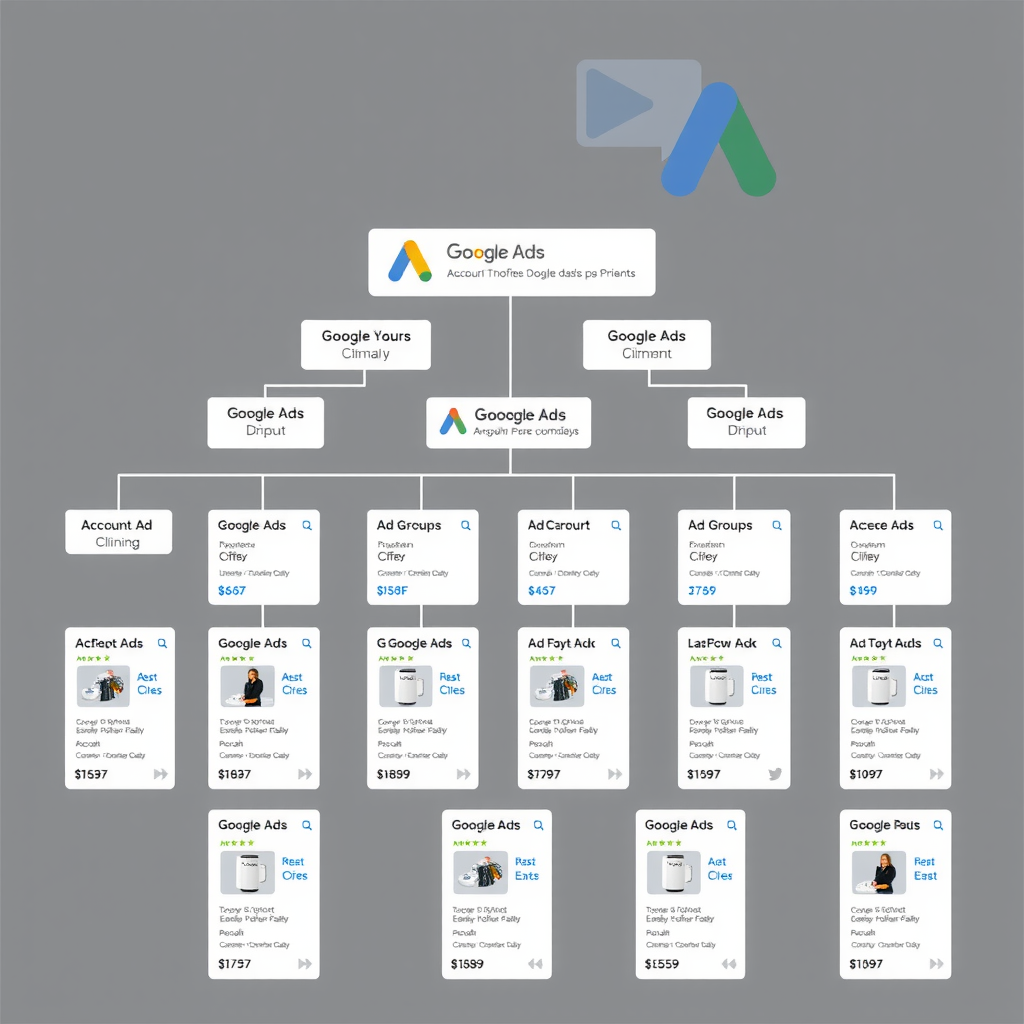 Детальна схема ієрархії облікового запису Google Ads з візуалізацією зв'язків між обліковим записом, кампаніями, групами оголошень та окремими оголошеннями для бізнесу електронної комерції