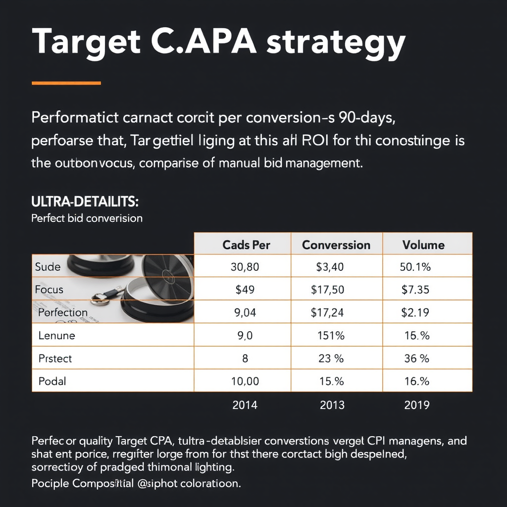 Графік ефективності стратегії Target CPA з показниками вартості конверсії, обсягу конверсій та ROI протягом 90 днів з порівнянням до ручного управління ставками