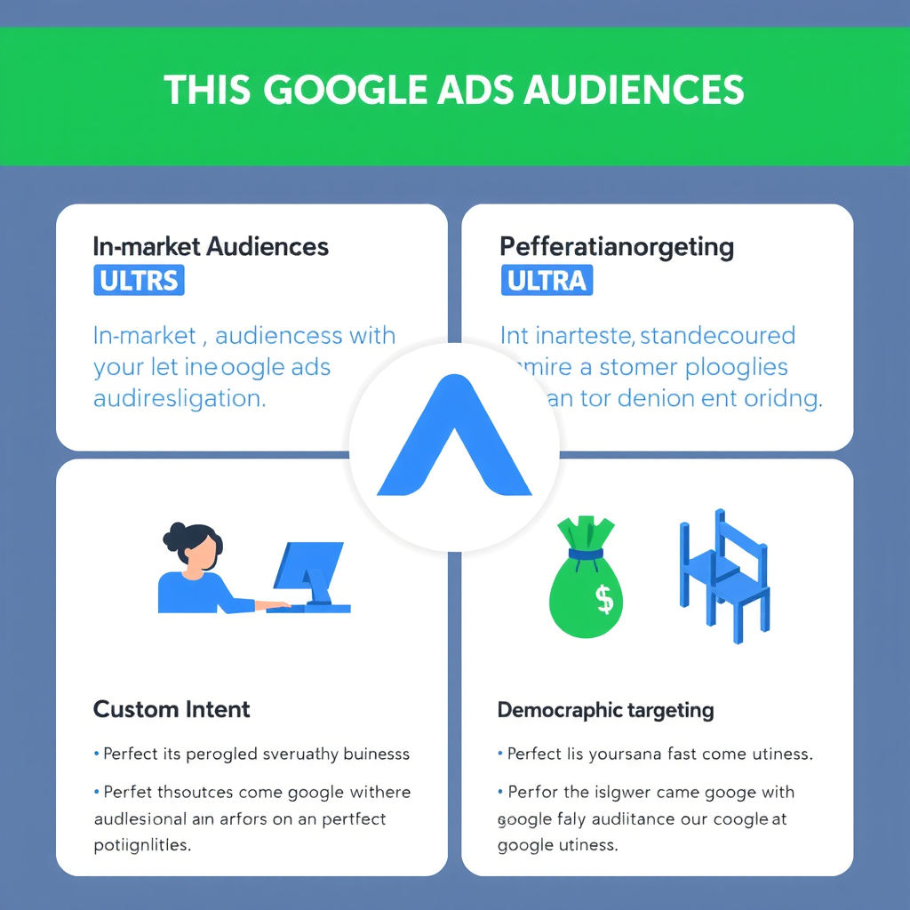 Діаграма, що показує різні типи аудиторій Google Ads: in-market audiences, custom intent, remarketing, demographic targeting, з іконками та короткими описами кожного типу, виконана в зеленій та синій кольоровій гамі