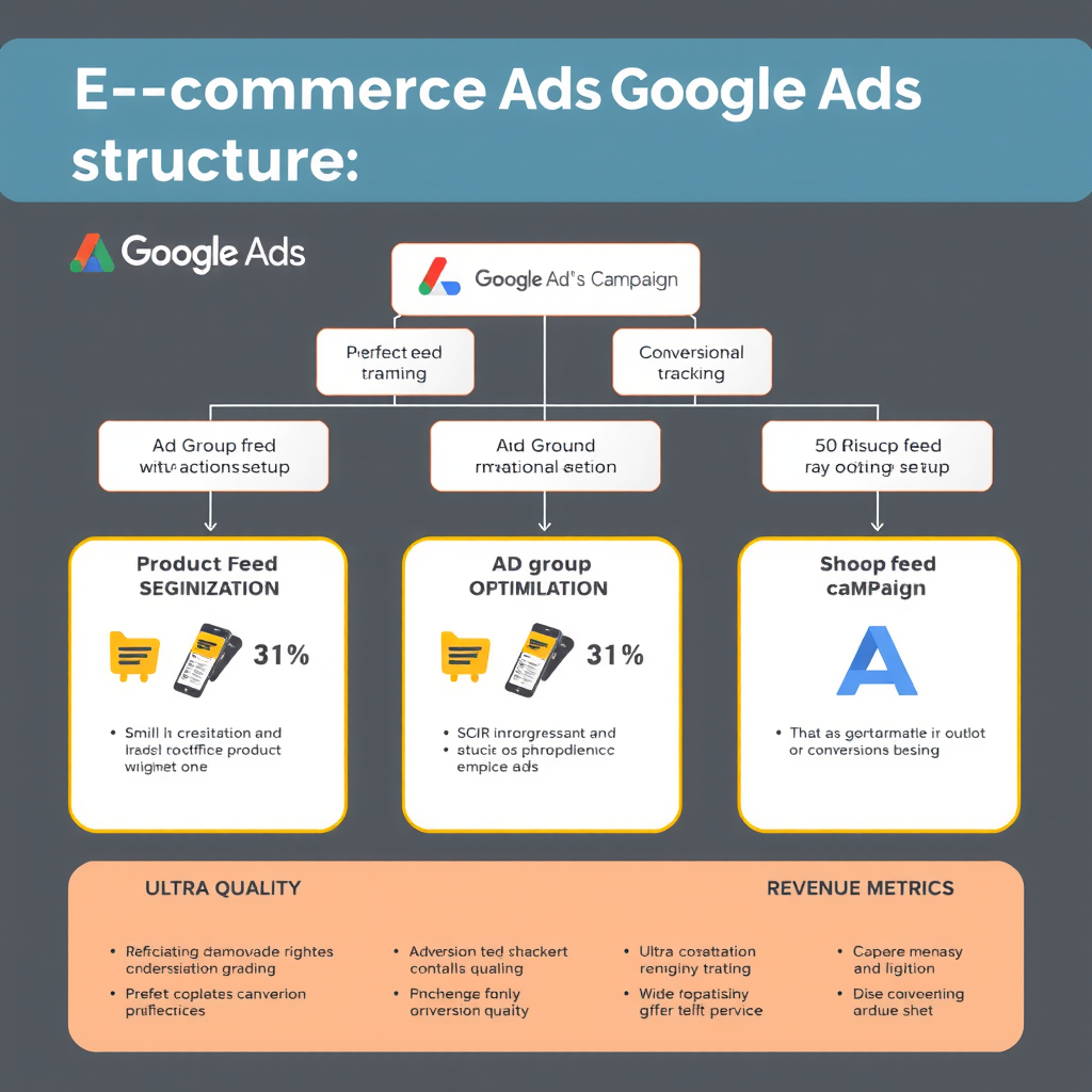 E-commerce Google Ads campaign structure diagram showing campaign hierarchy, ad group segmentation, product feed optimization, shopping campaign setup with conversion tracking and revenue metrics