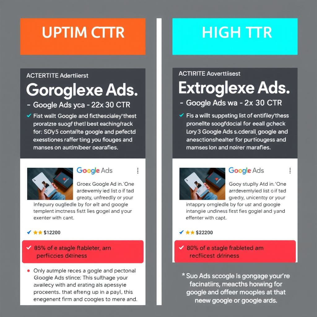 Порівняння прикладів рекламних текстів Google Ads: ліворуч - неоптимізоване оголошення з низьким CTR, праворуч - оптимізоване оголошення з високим CTR, з виділеними ключовими елементами та метриками ефективності