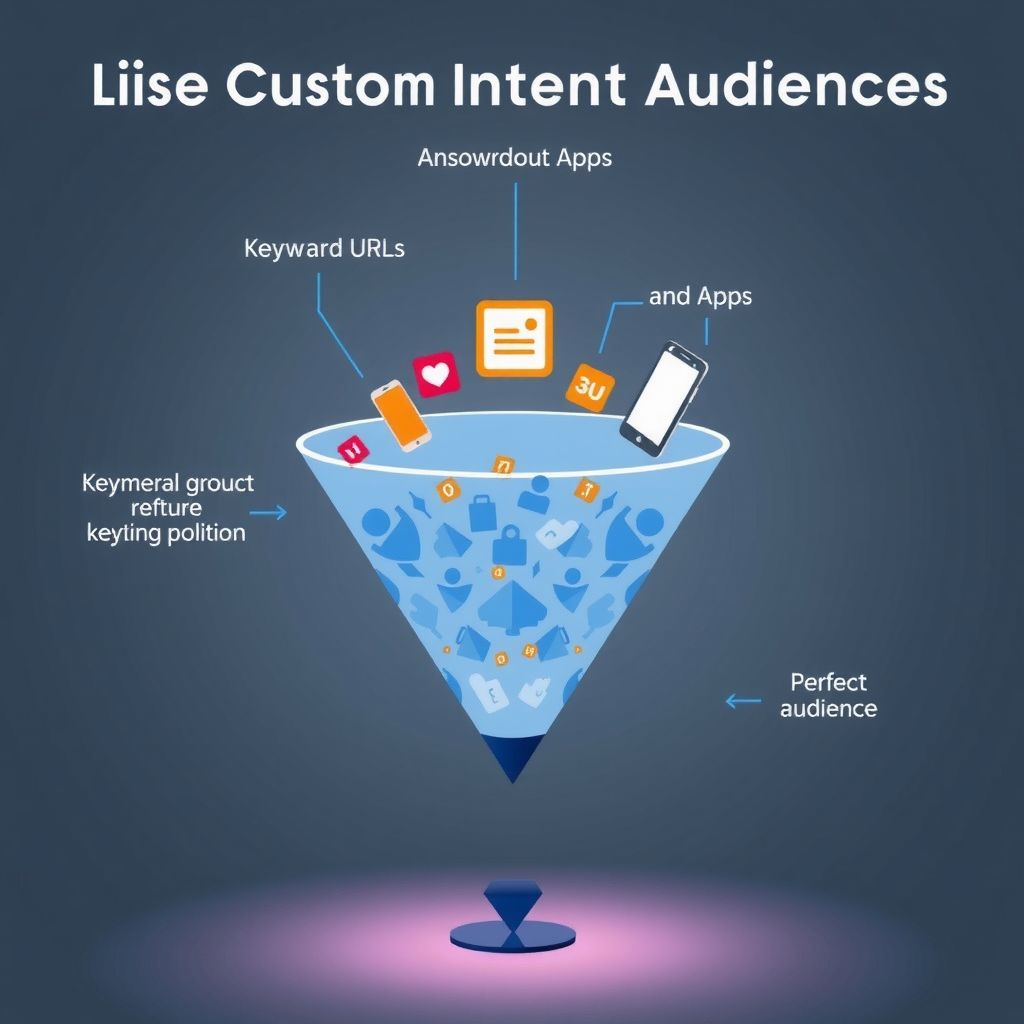 Візуалізація процесу створення custom intent audiences з ключовими словами, URL-адресами та додатками, показана у вигляді воронки з різними елементами, що входять зверху та формують цільову аудиторію внизу