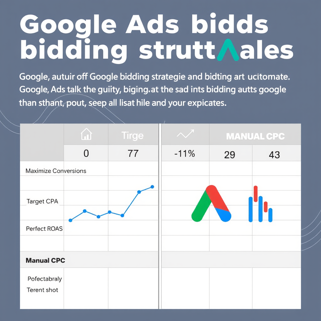 Порівняння стратегій призначення ставок Google Ads, включаючи автоматичні та ручні опції, Target CPA, Maximize Conversions, Target ROAS та Manual CPC з аналітичними графіками