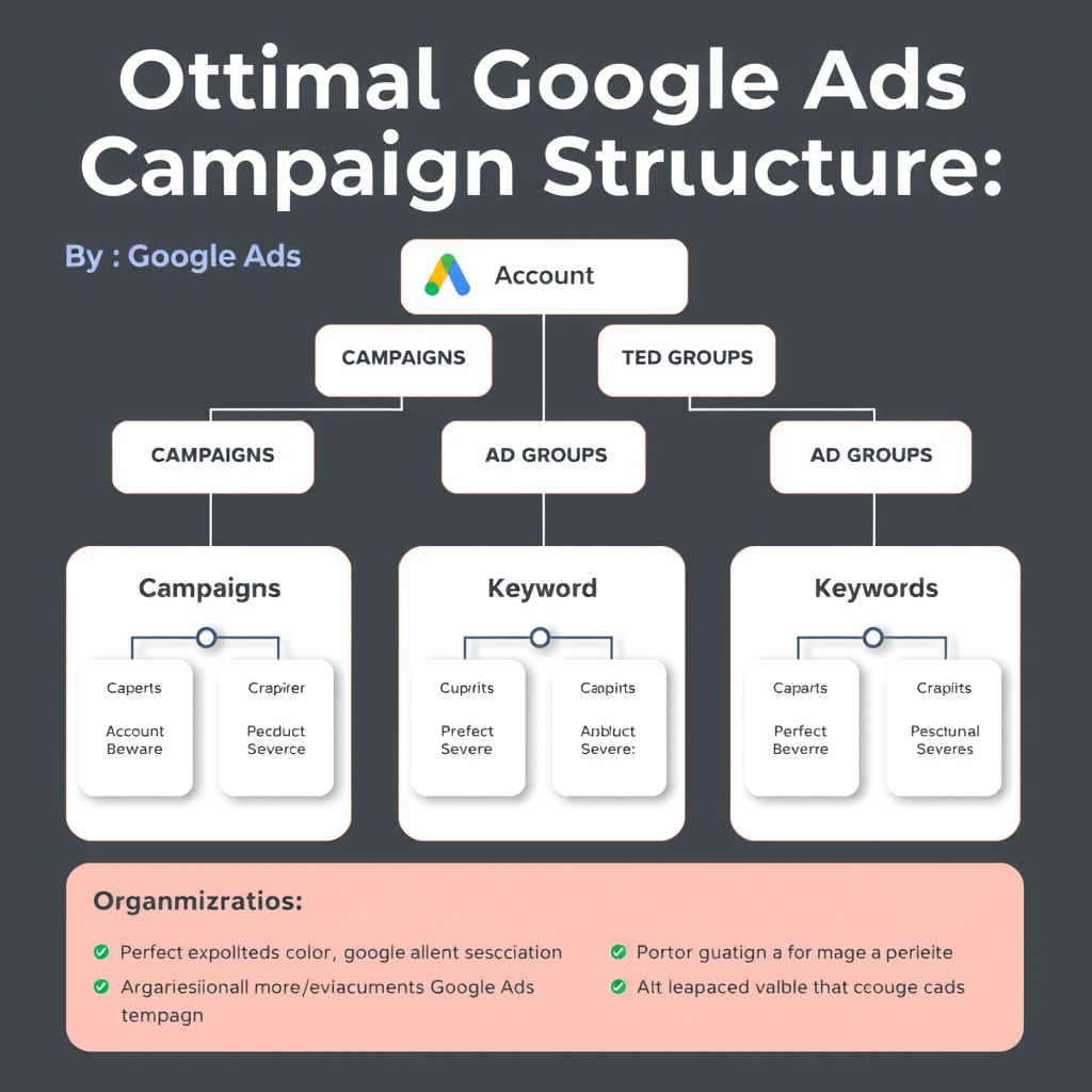 Діаграма оптимальної структури Google Ads кампанії з ієрархією: обліковий запис, кампанії, групи оголошень та ключові слова з рекомендаціями щодо організації