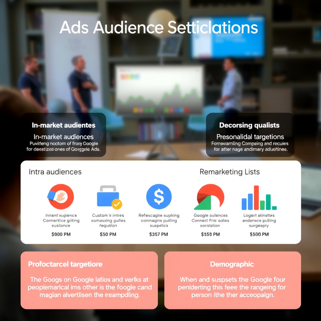 Візуалізація сегментації аудиторії Google Ads з in-market аудиторіями, custom intent аудиторіями, списками ремаркетингу та демографічним таргетуванням для персоналізованих рекламних кампаній