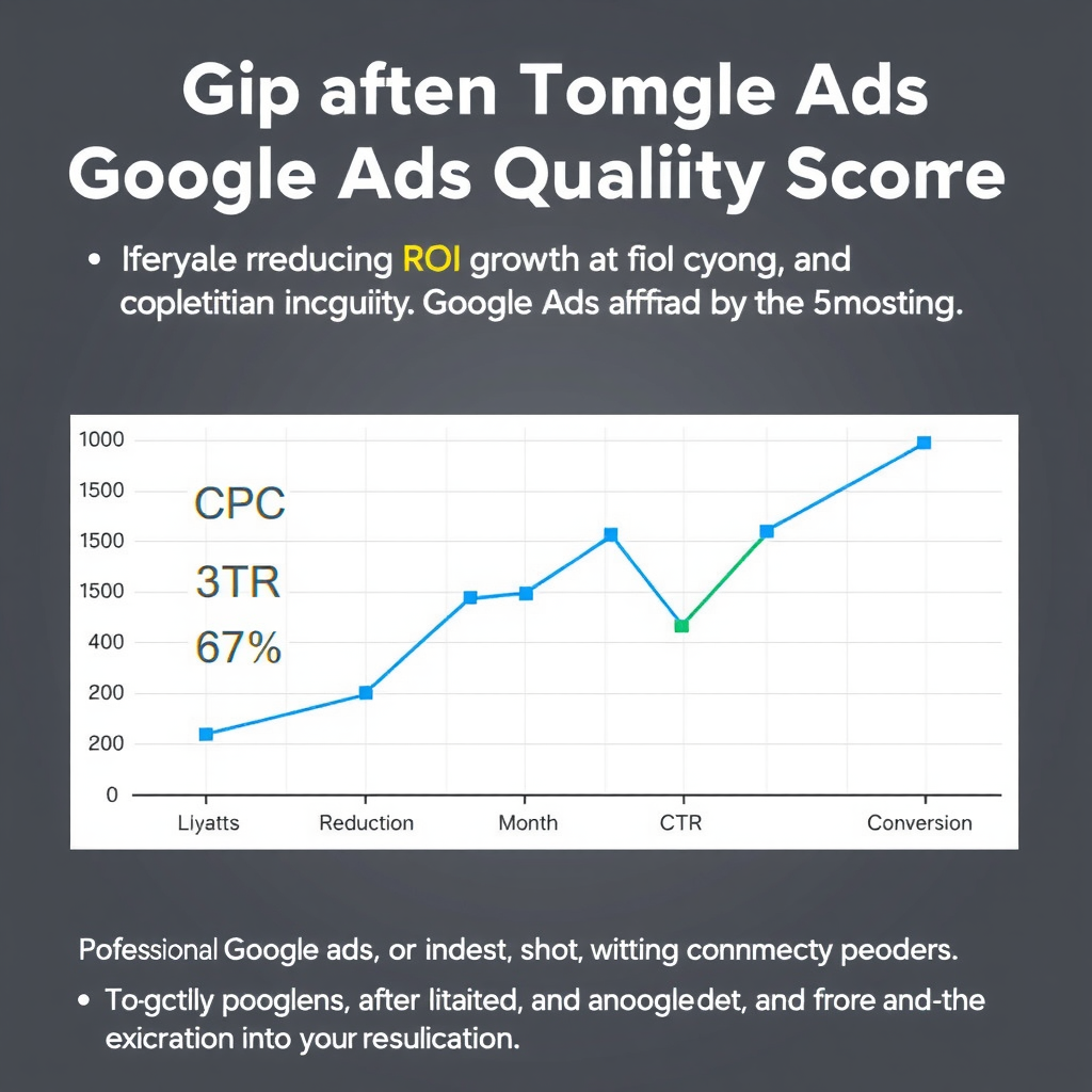 Графік зростання ROI після оптимізації показника якості Google Ads: лінійний графік, що показує покращення метрик протягом 6 місяців, включаючи зниження CPC, підвищення CTR та зростання конверсій, професійний дизайн з синіми та зеленими лініями