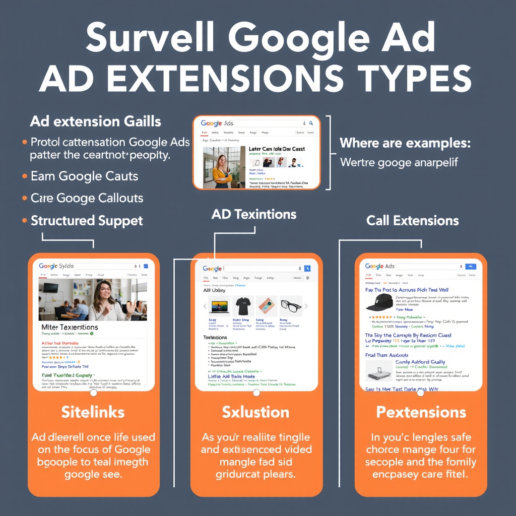 Візуальний посібник з типами розширень оголошень Google Ads: sitelinks, callouts, structured snippets, call extensions з прикладами використання та статистикою ефективності