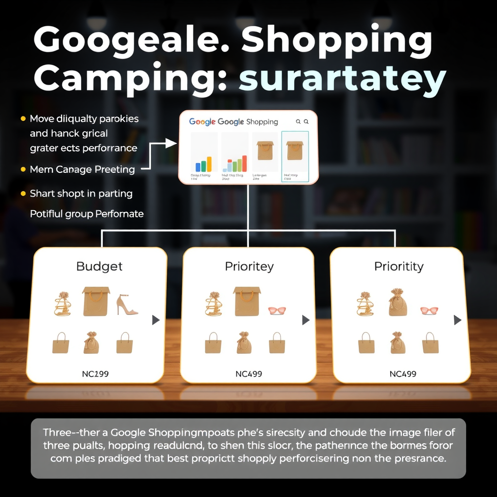 Візуалізація трирівневої стратегії торгових кампаній Google Shopping з діаграмами розподілу бюджету, пріоритетів та структури груп продуктів для оптимальної ефективності